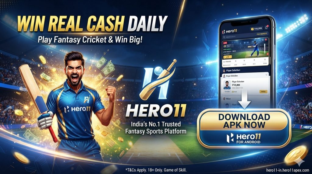 A premium Hero11 fantasy cricket app banner featuring a cricket player in a blue jersey, a smartphone showing the app interface, flying cash, and text reading Win Real Cash Daily and Download APK Now.