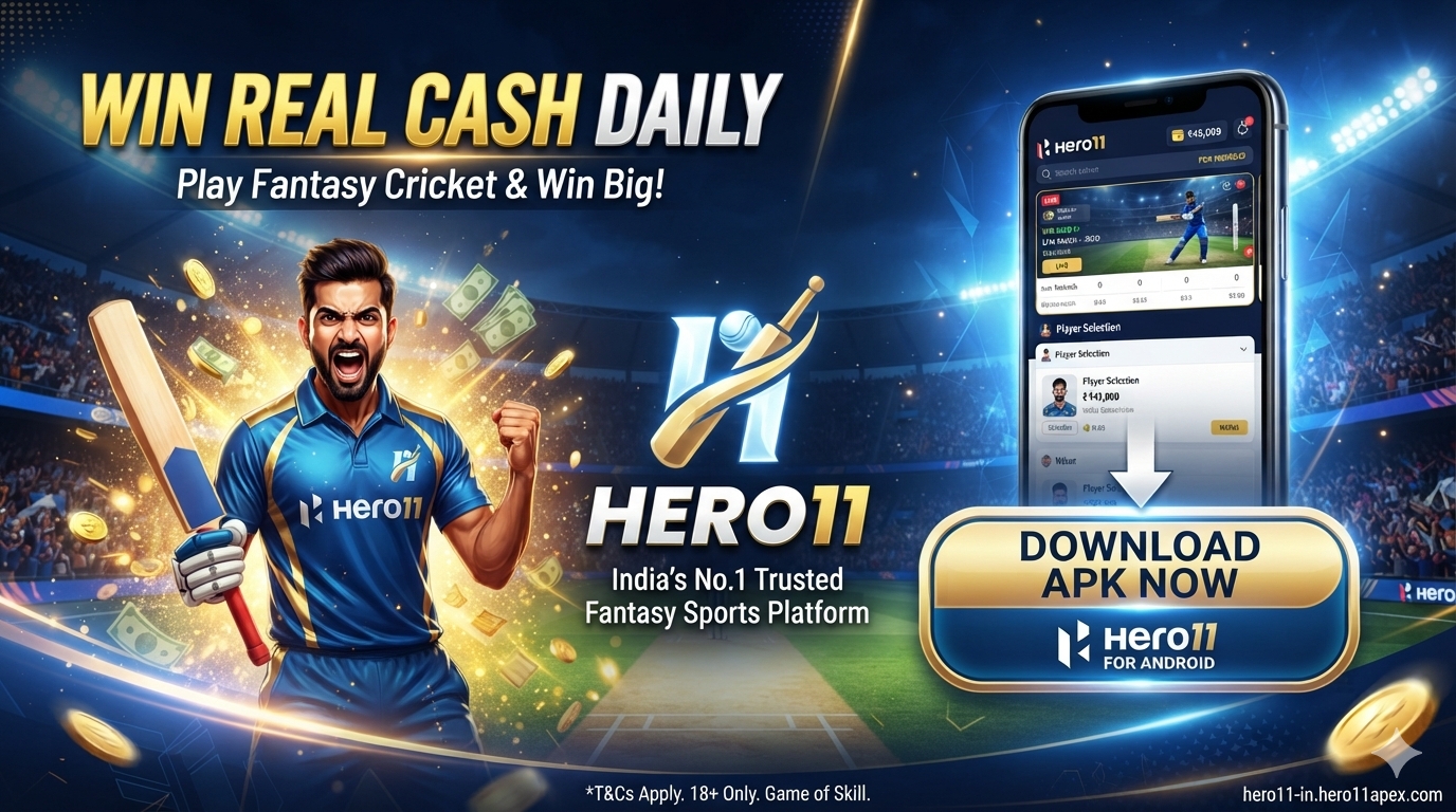 Hero11 fantasy cricket app download banner with 'Win Real Cash Daily' text and Android APK download button.
